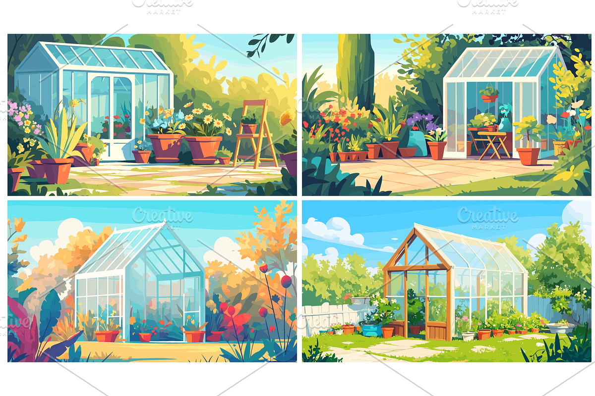 Greenhouse landscape. Cartoon garden, an Illustration by Stock-Smart-Start