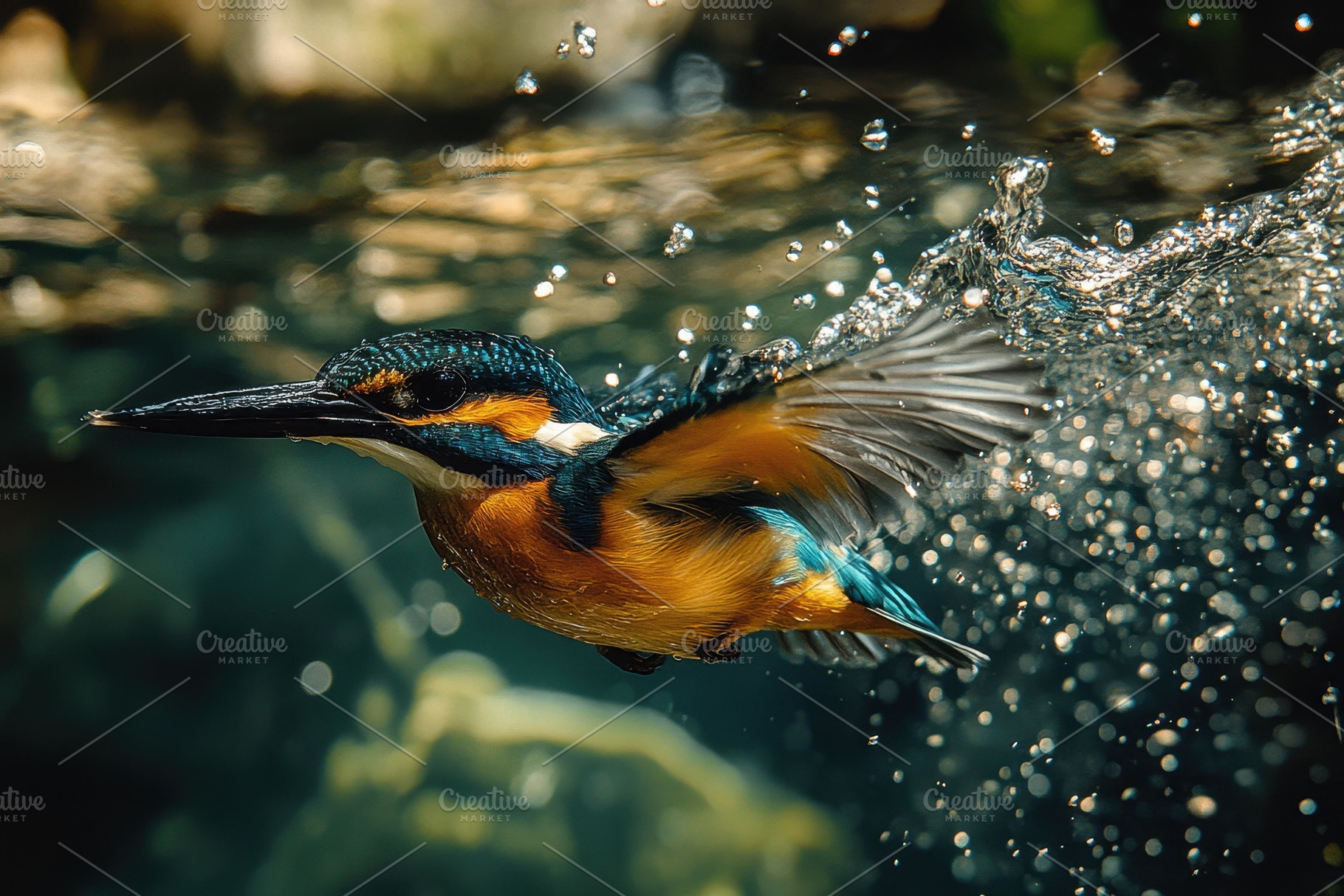 Kingfisher dives underwater in searc, a Photo by Tanuart