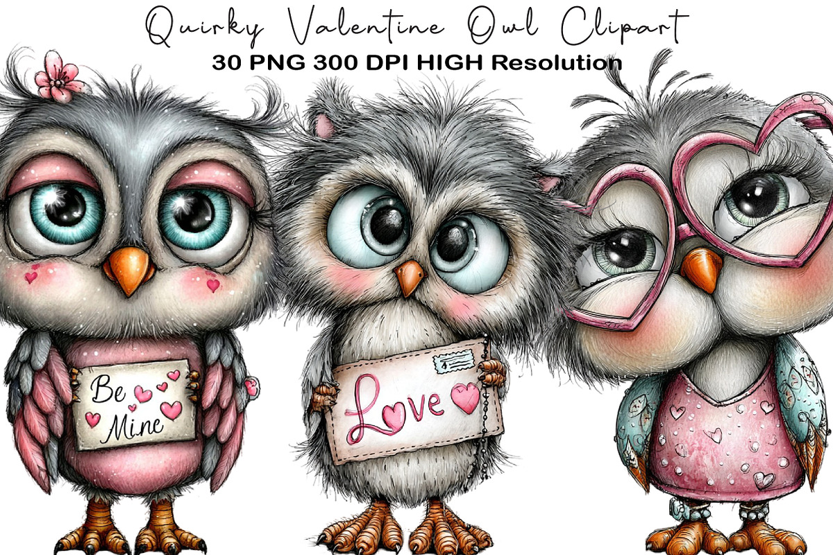 Quirky Valentine Owl Clipart, an Animal Illustration by Black Bird Studio (Photo 1 of 6)