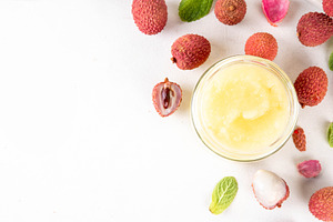 Homemade Lychee jam marmalade in jar, with fresh ripe lychees fr, a Food & Drink Photo by Rimma