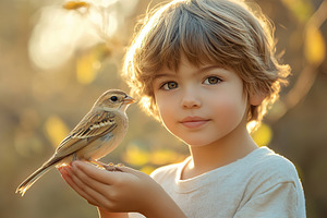 Boy lovingly holds a small bird in his palms during a warm afternoon, a Person Photo by AlyaAnd