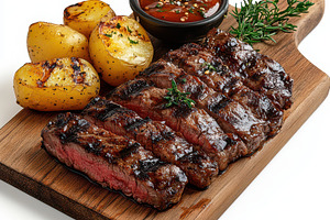Sliced grilled meat steak with sauce, a Food & Drink Photo by Pixeness Studio