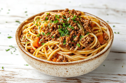 Spaghetti bolognese with ground beef in plate, a Food & Drink Photo by AlyaAnd