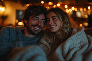 A smiling couple cuddles under a warm blanket, enjoying a cozy evening together, a Person Photo by ImageMir