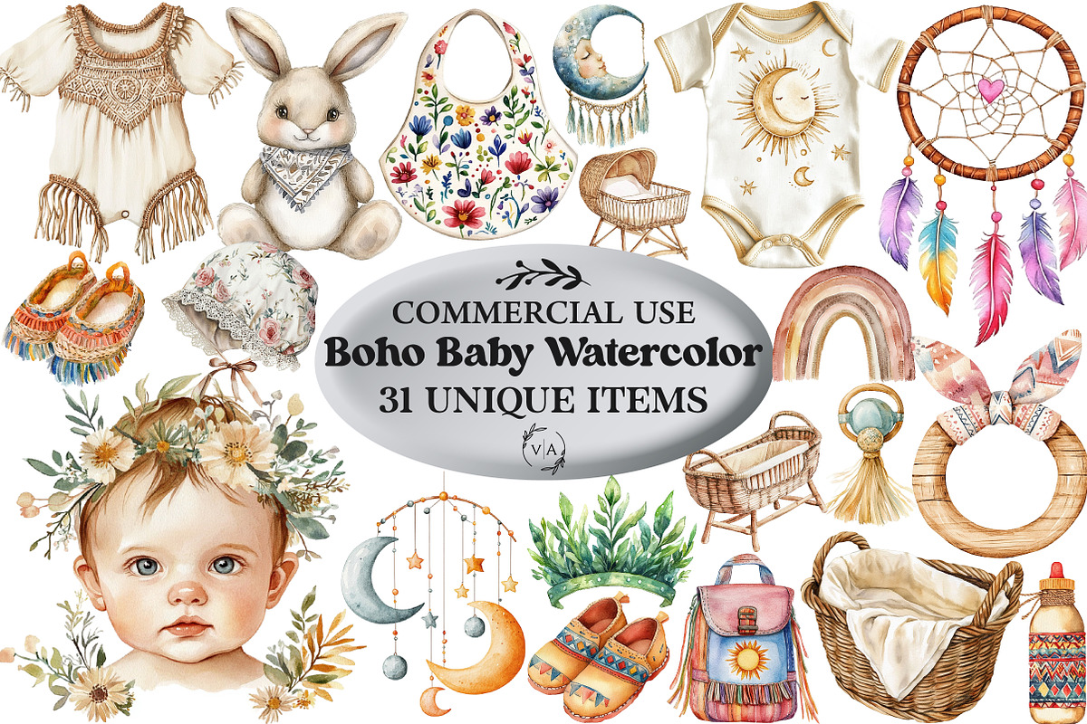 Boho Baby Watercolor Clipart Bundle, an Illustration by Craft Nest (Photo 1 of 6)