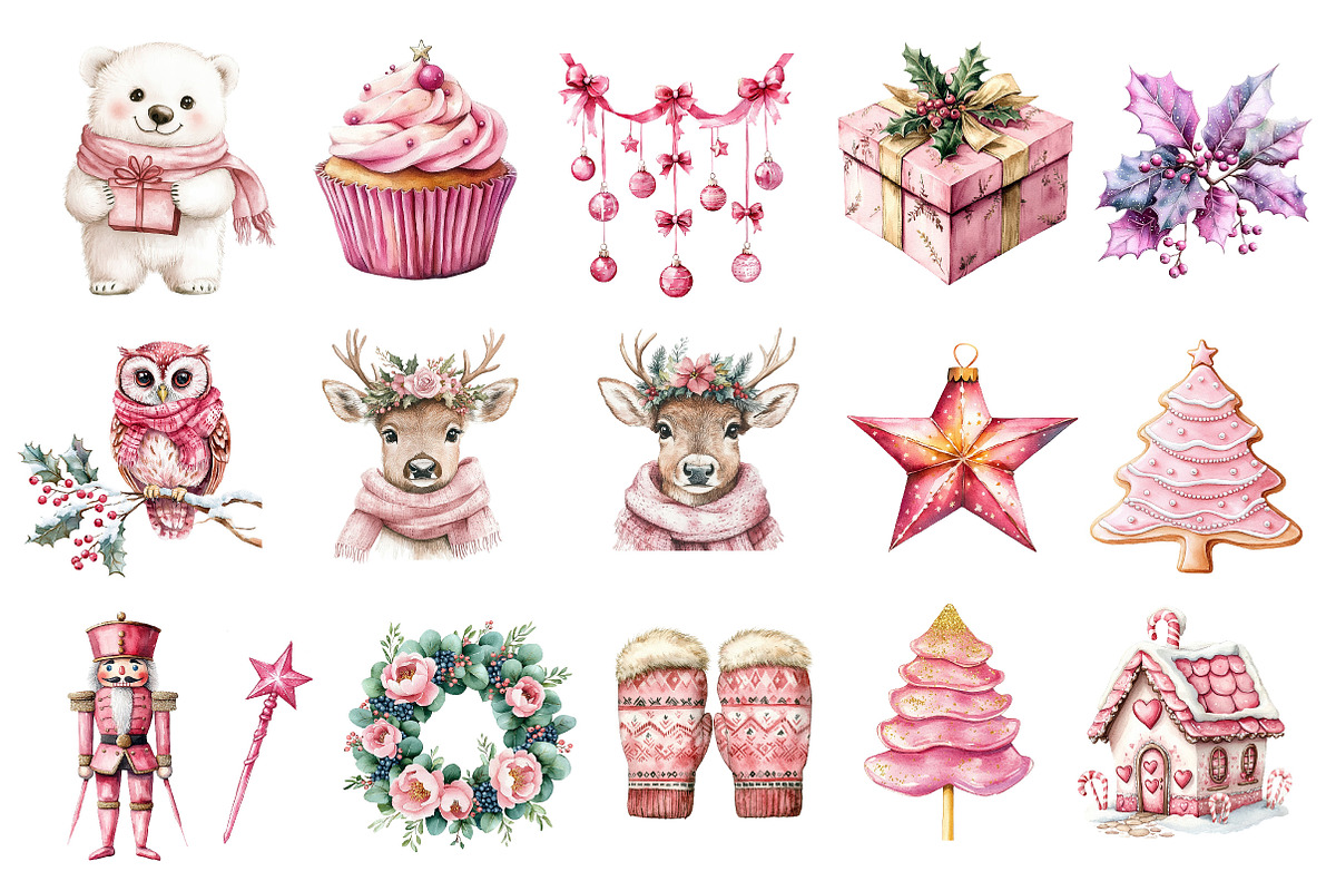 Pink Christmas Watercolor Clipart, an Illustration by Dream Creation (Photo 3 of 5)