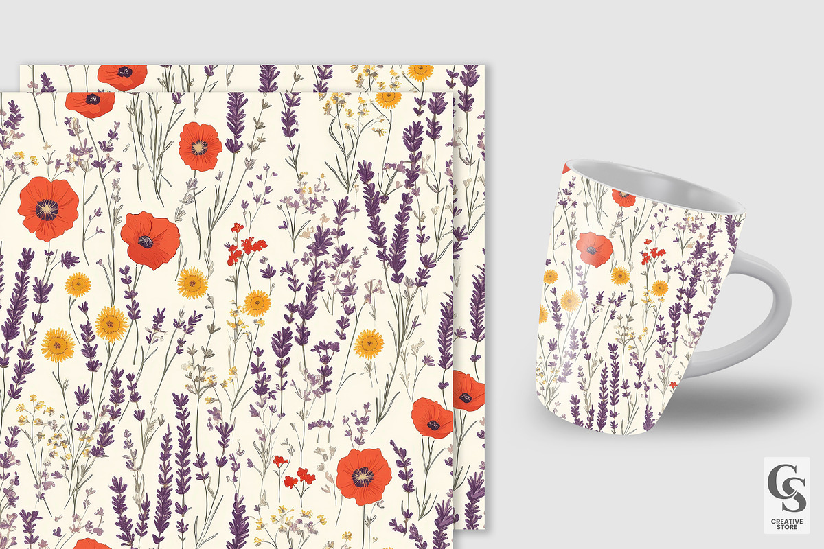 Lavender & Poppy Flowers Patterns, a Pattern Graphic by Creative Store (Photo 2 of 5)