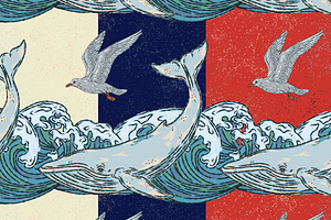 Whale, Waves, Seagull, a Pattern Graphic by NayaChu