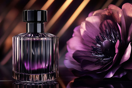 Elegant perfume bottle with flower, a Photo by Beautiful things