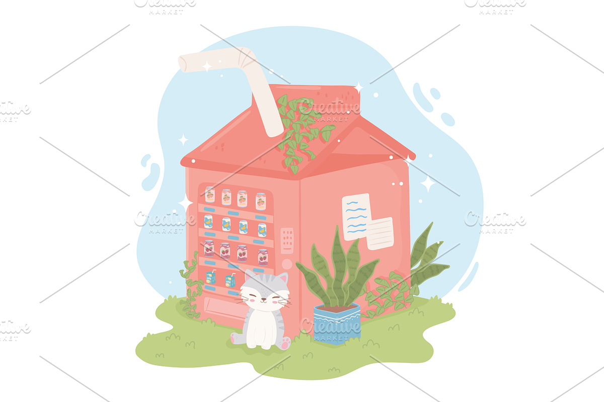 soda with cute cat, a Food Illustration by studiogstock