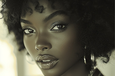 Captivating portrait of a woman with soulful expression and natural hair, a Photo by AS photostudio