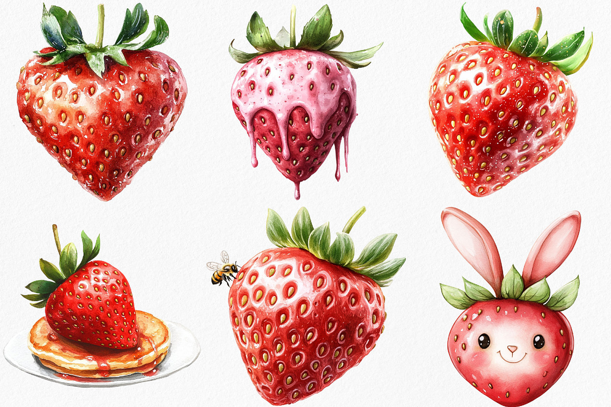 Watercolor Sweet Strawberry Clipart, an Illustration by Canvas Craft (Photo 3 of 8)