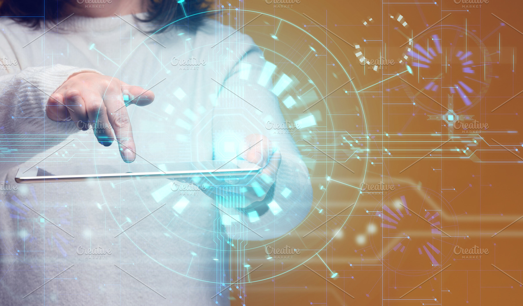 A woman holds a tablet, a projection of a glowing AI interface., a Technology Photo by ndanko