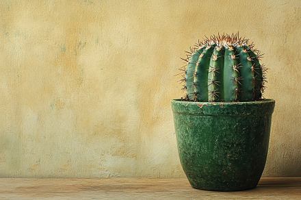 Cactus opuntia in a green pot placed on wooden surface against a textured wall, a Nature Photo by AlyaAnd