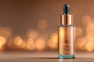 Luxury skincare serum bottle with golden bokeh background, premi, a Food & Drink Photo by José Manuel Gelpi