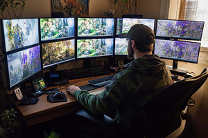 Enthusiast working at a multi-monito, a Photo by Tanuart