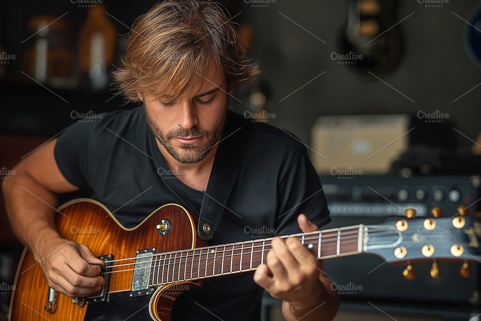 A focused Caucasian man playing an electric guitar in a cozy music studio., a Person Photo by ImageMir