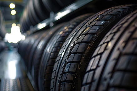 New tires on storage rack in car workshop, a Transportation Photo by AlyaAnd