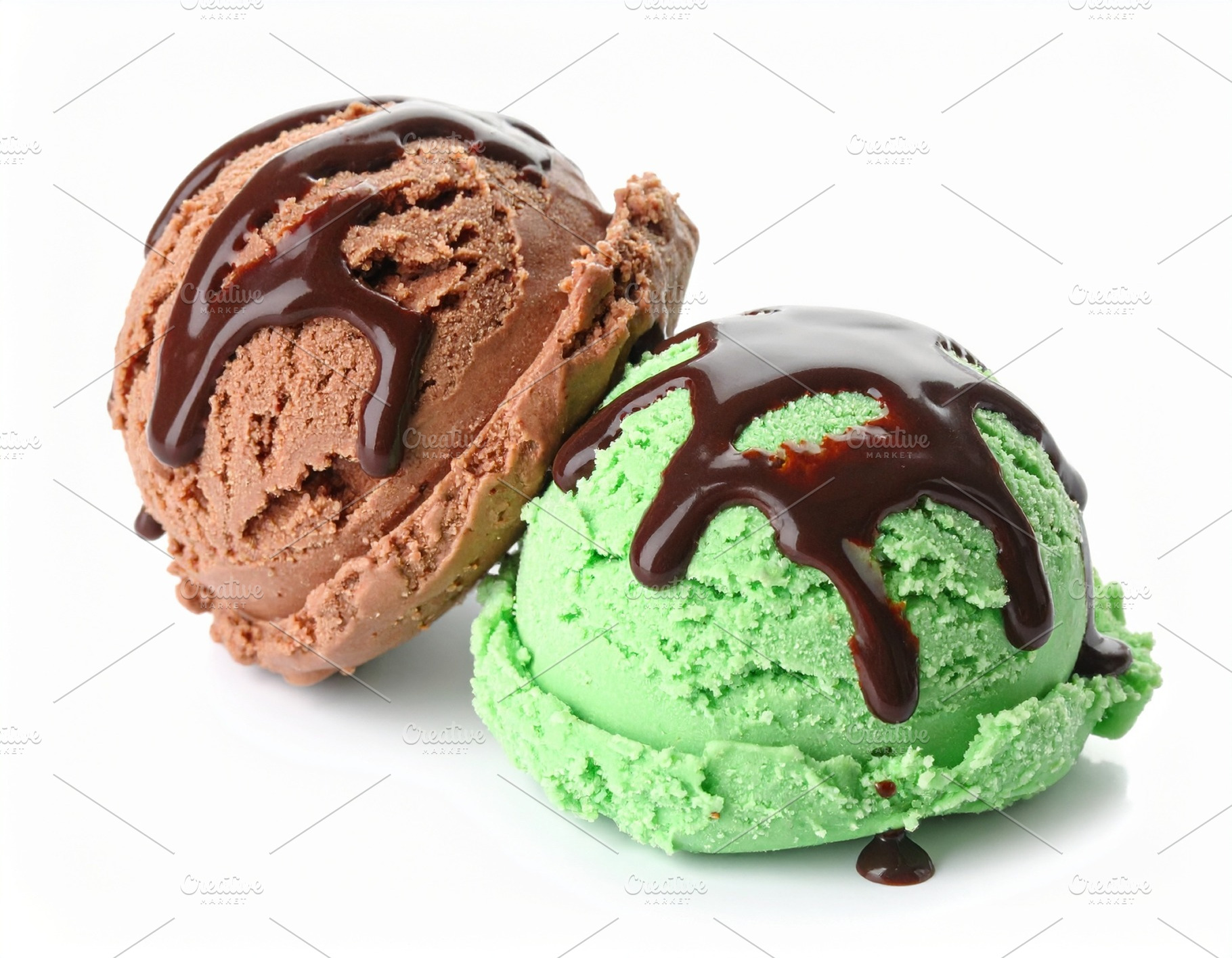 mint and chocolate ice cream scoop over white, a Photo by WorldOfPhotos