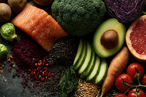 Fresh vegetables, fruits, and fish, a Photo by Pavel_design
