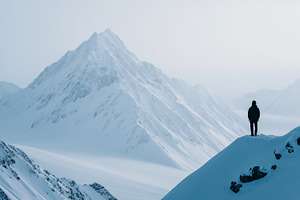 Lone hiker standing on a snowy peak, a Nature Photo by MistyDay