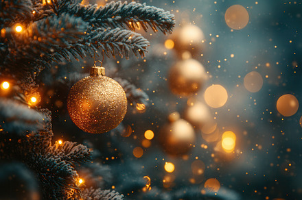 Beautiful golden ornaments hanging o, a Photo by Tanuart