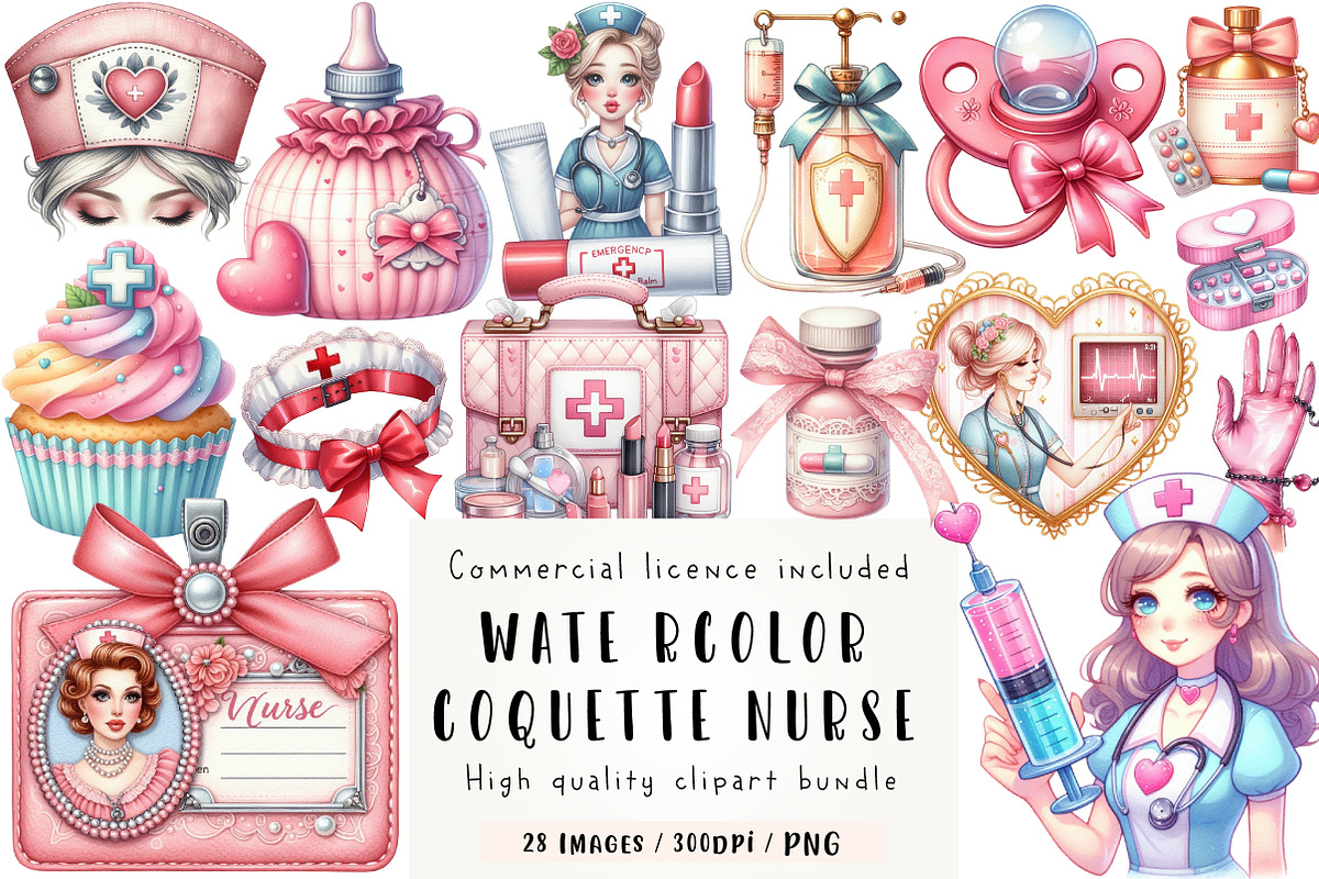 Watercolor Coquette Nurse Clipart, an Illustration by CreationArt (Photo 1 of 5)