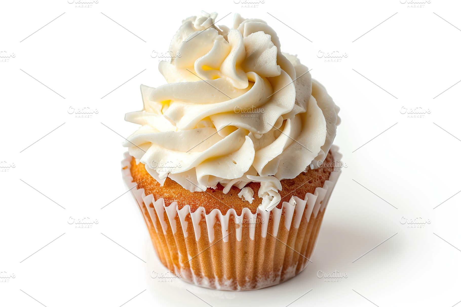 Tasty cupcake with sweet whipped cream on white background, a Food & Drink Photo by AlyaAnd