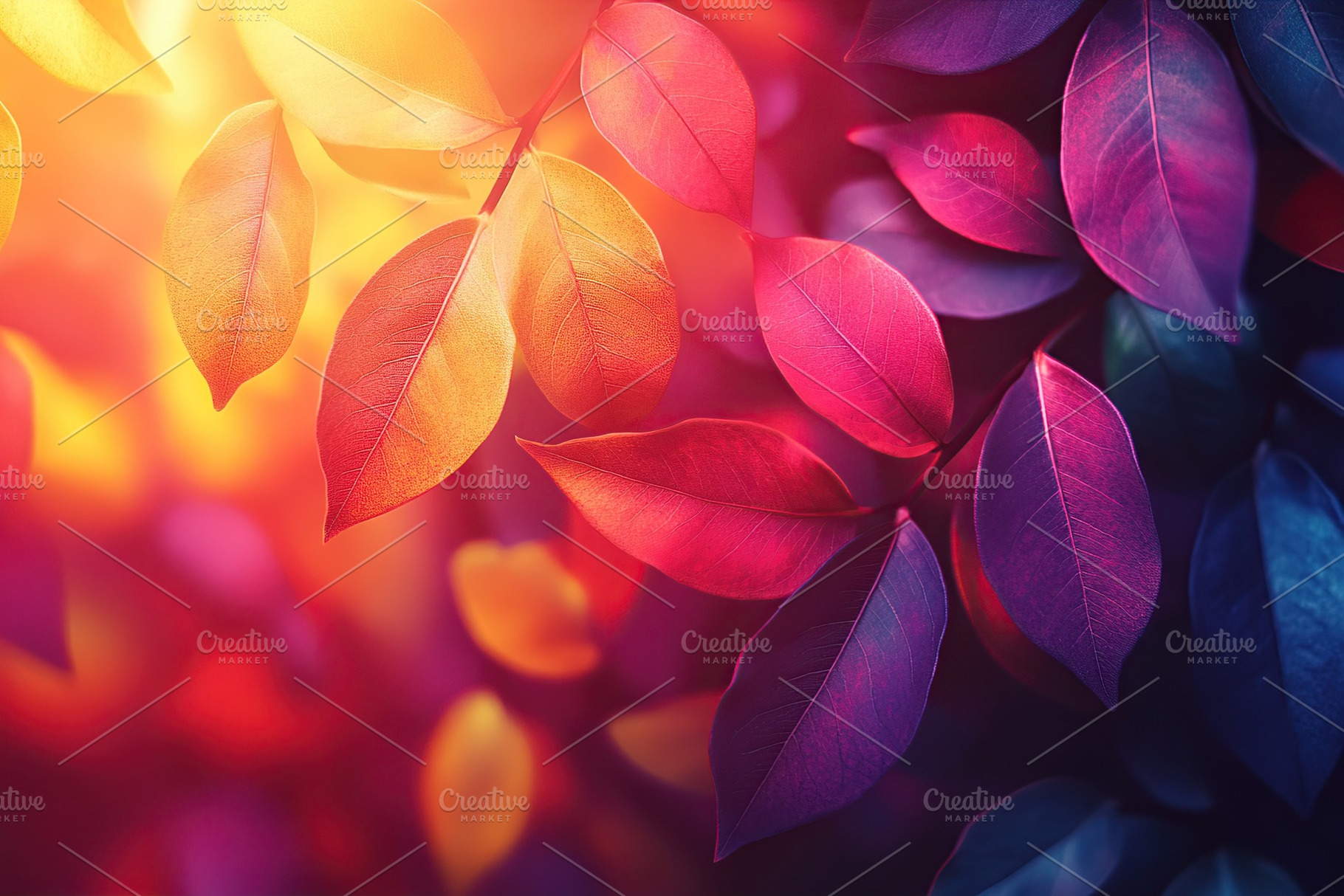 Colorful autumn leaves in vibrant hues during sunset create a stunning backdrop, a Background Photo by AlyaAnd