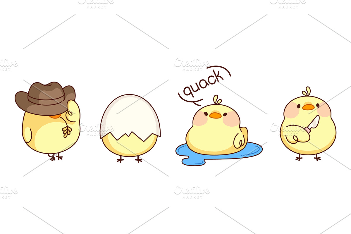 Comic kawaii chicken characters set, an Animal Illustration by art PVP - market