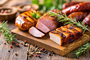 Delicious selection of grilled meats on a wooden board with fresh herbs and spi, a Food & Drink Photo by AlyaAnd