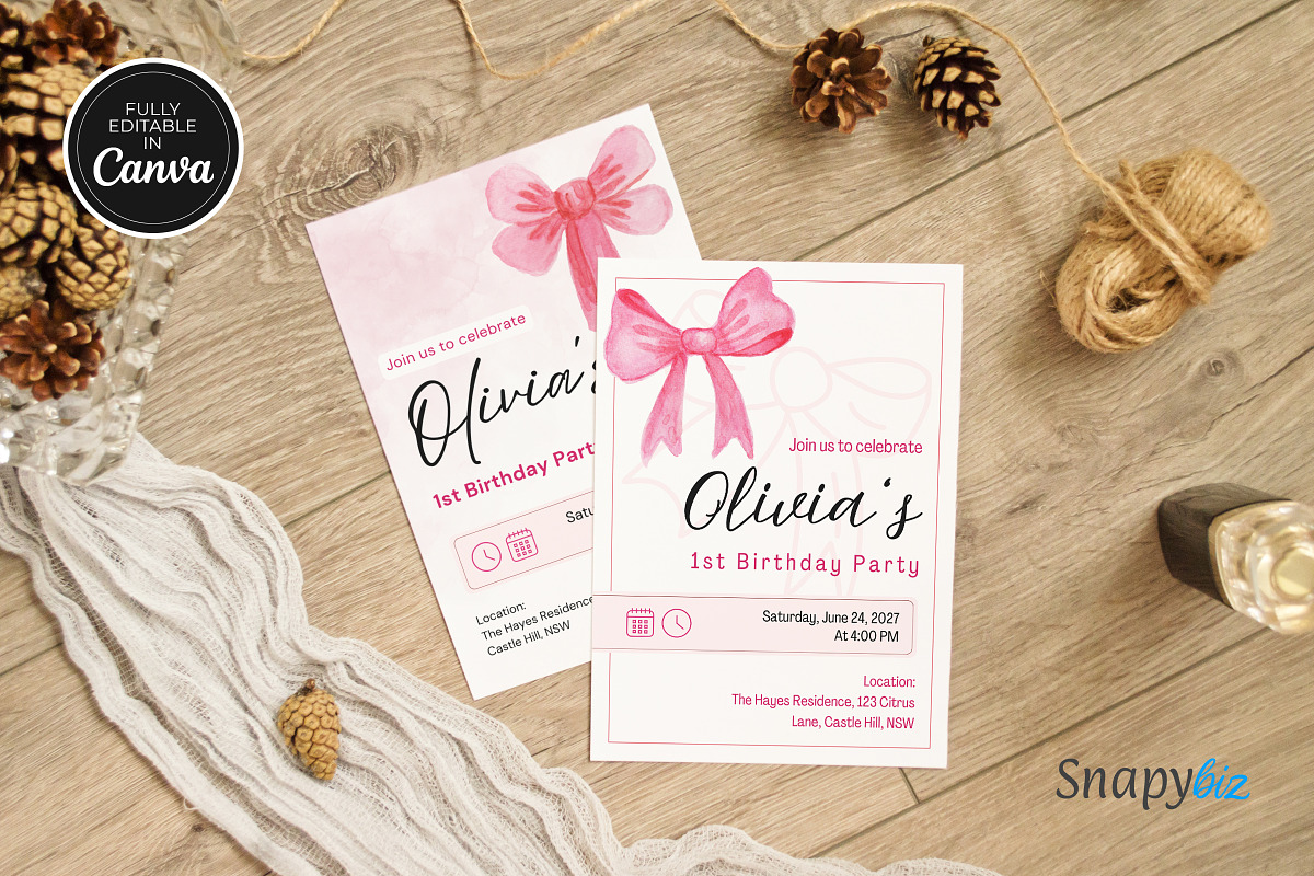 Pink Bow Birthday Invitation Canva, an Invitation Template by Snapybiz (Photo 7 of 10)