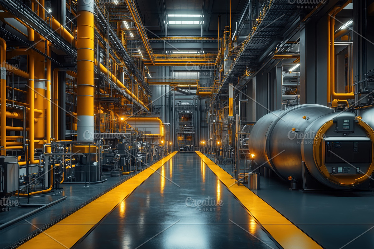 A modern industrial facility featuring a spacious interior with bright orange a, an Industrial Photo by Textures & Backgrounds (Photo 2 of 2)