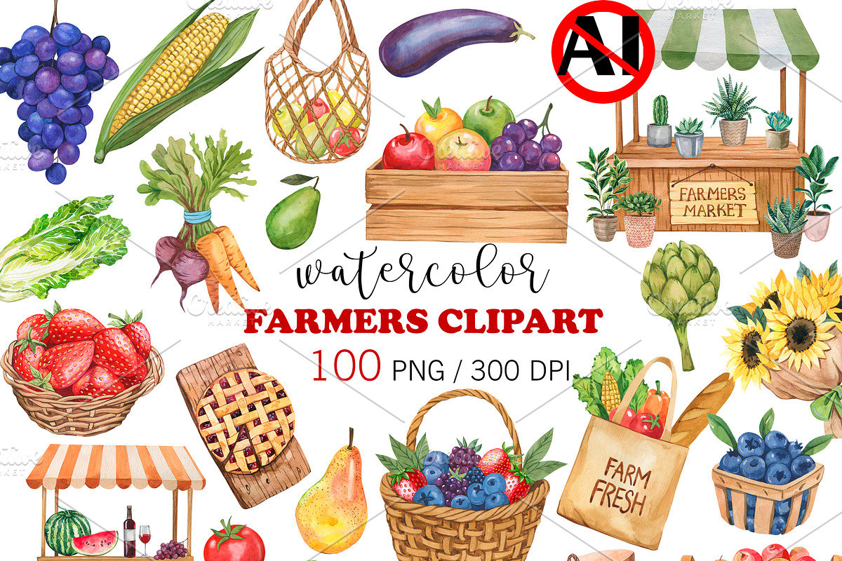 Watercolor Farmers Market Bundle PNG, a Food Illustration by PatternPalette (Photo 1 of 10)