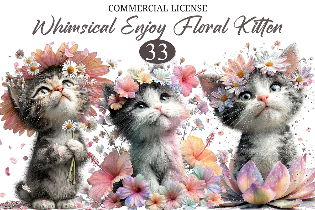 Whimsical Floral Kitten Clipart, a Seasonal Illustration by designcity5 (Photo 1 of 5)