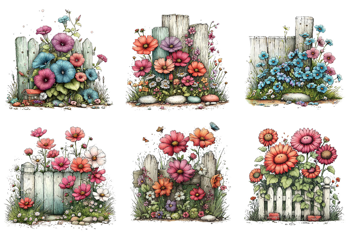Watercolor Fence Flowers Clipart, an Illustration by Dream Creation (Photo 2 of 5)