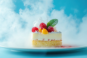 Sweet dessert featuring molecular gastronomy with a cloud of smoke and vibrant, a Food & Drink Photo by AlyaAnd