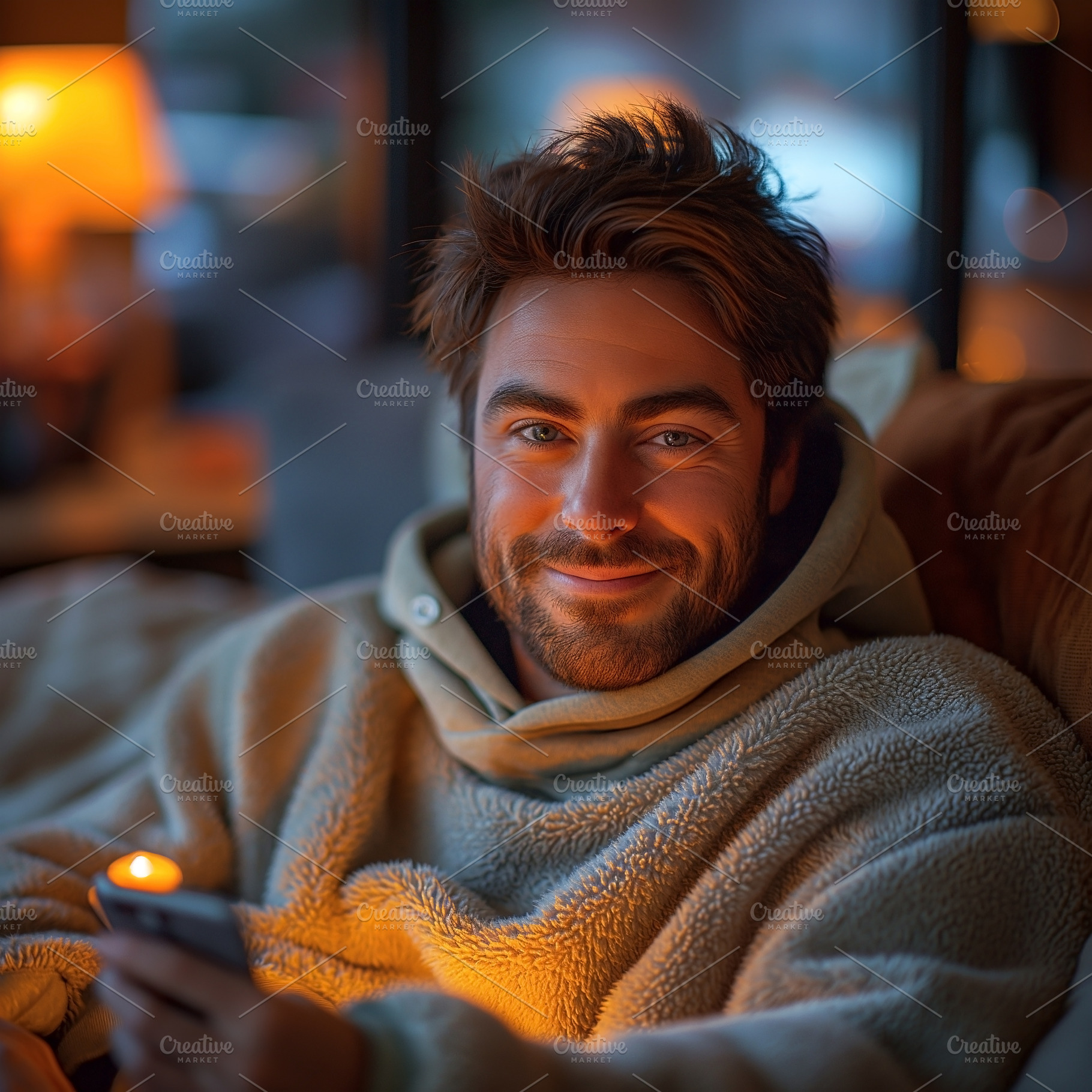 A smiling young Caucasian man relaxed on a cozy couch, wearing a warm fleece ho, a Person Photo by ImageMir