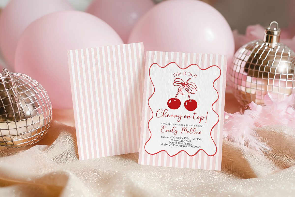 Cherry On Top Baby Shower Invitation, an Invitation Template by VeliusCreativeStudio (Photo 4 of 5)