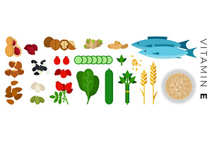 Vitamin E foods vector flat icons