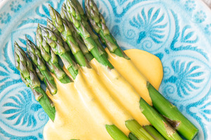 Blue Plate of Boiled Asparagus, a Food & Drink Photo by Alexander Prokopenko
