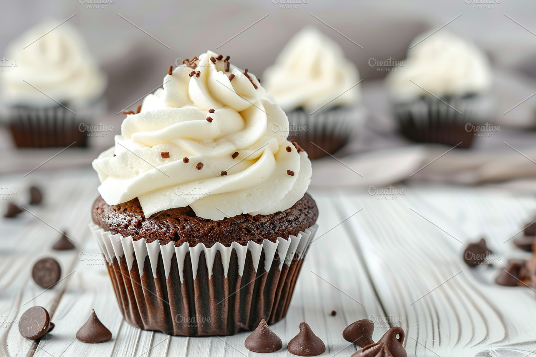 Chocolate cupcakes with white whipped cream on wooden table, a Food & Drink Photo by AlyaAnd