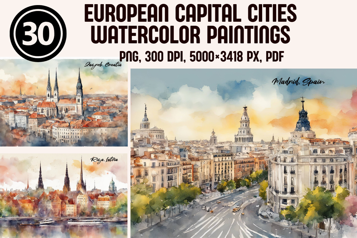 European Capital Cities Watercolors, a Background Graphic by PrintHaven Designs (Photo 1 of 10)