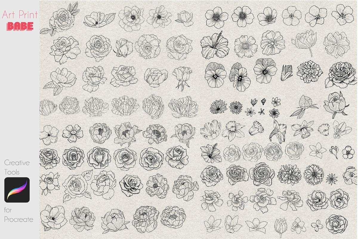 Procreate Flower Stamps Tattoo Pack, a Brush Add-On by ArtPrintBabe