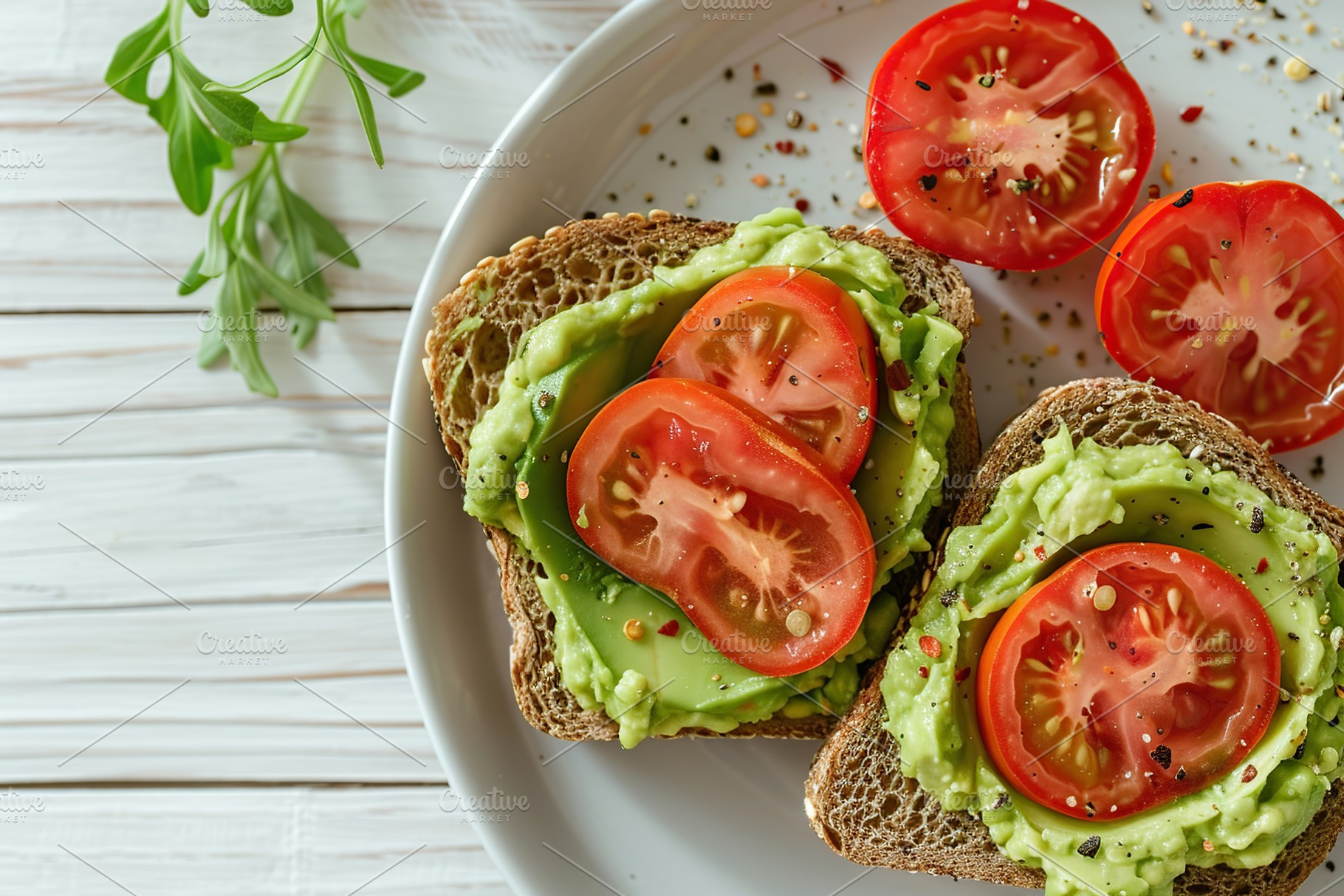 Toast bread with avocado puree and tomatoes. Vegetarian food., a Food & Drink Photo by AlyaAnd