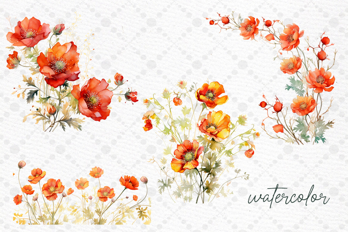 Orange Flowers Clipart Watercolor, a Decorative Illustration by LeCoqDesign (Photo 2 of 5)