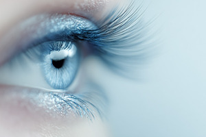 Close up of a human eye with enhanced eyelashes and bright blue, a Photo by Studio ANNA