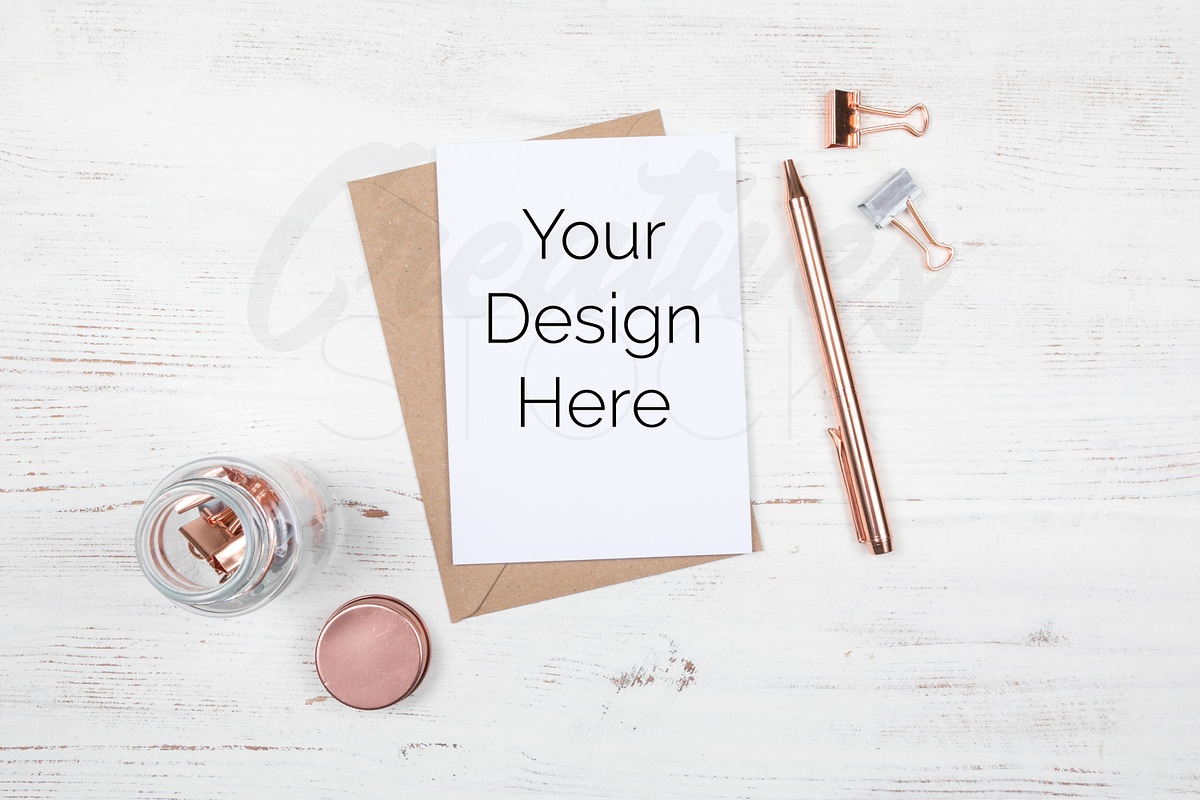 Rose Gold A6 Greetings Card Mockup, a Print Template by Creatives STOCK
