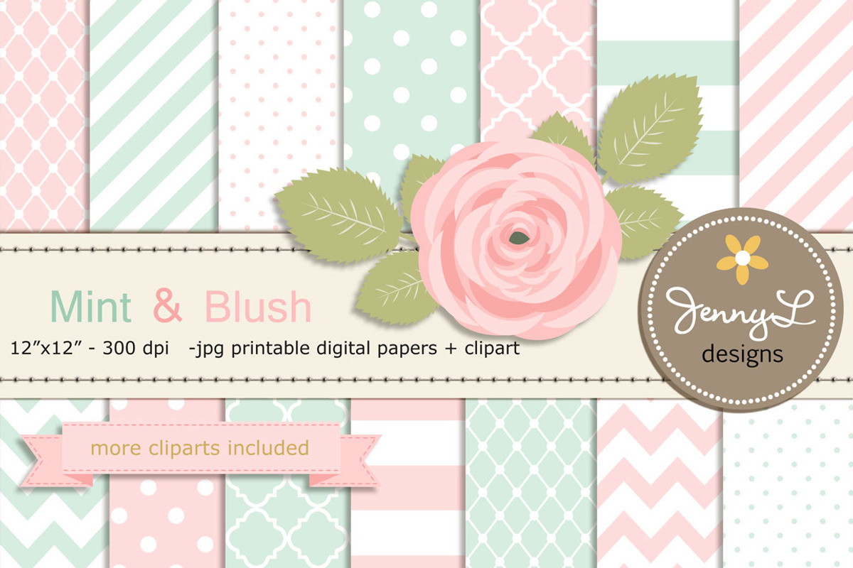 Mint and Blush Pink Digital Paper, a Pattern Graphic by JennyL Designs (Photo 1 of 3)