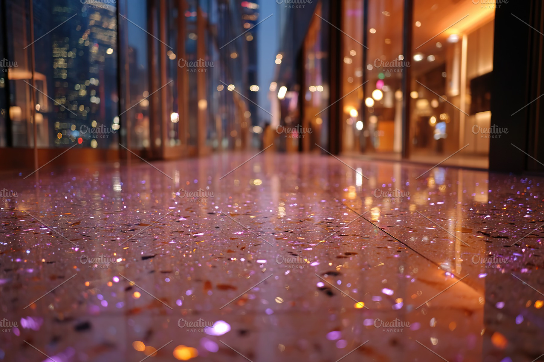 Reflections and lights on a polished floor in a modern urban building at dusk, a Photo by AlyaAnd